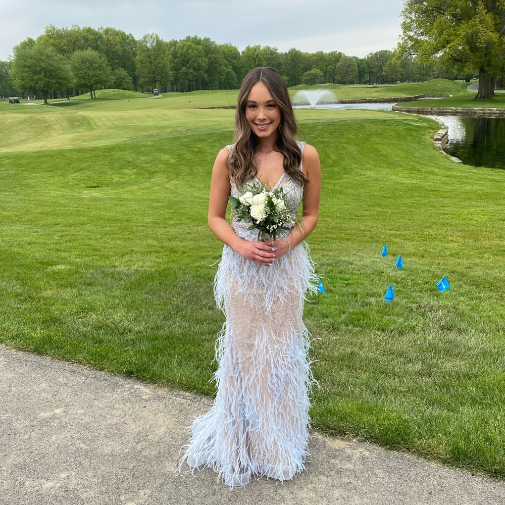 Jovani Light Blue Feathered Prom Dress
